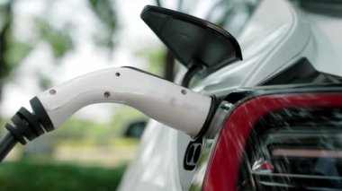 EV elektrikli araç EV şarj istasyonu ulusal park veya açık hava orman manzaralı. Çevre dostu EV arabalarla yaz ormanlarında doğal koruma. Yükselt