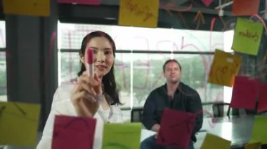 Genç kendine güvenen iş kadını projeyi uzman yatırımcıya sundu. Profesyonel proje yöneticisi başlangıç projesini açıklamak için yapışkan notlar kullanır, beyin fırtınası fikirlerini yatırımcıya paylaşır. Yönlendirici.