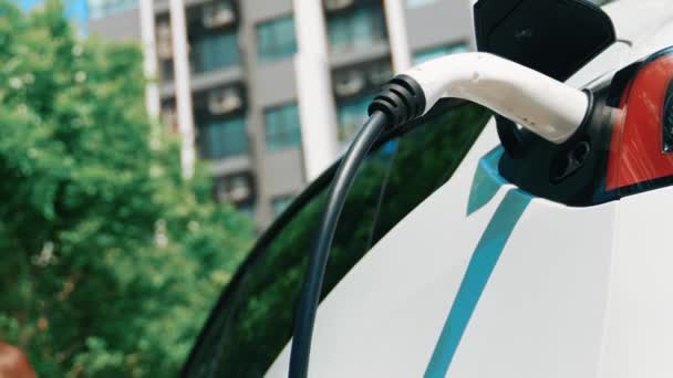 スローモーションカップルは 電気自動車旅館のクリーンな再充電可能エネルギーのための都市の持続可能性ライフスタイルとして夏の緑の都市の屋外庭で充電Ev電気自動車で旅行します — ストック動画