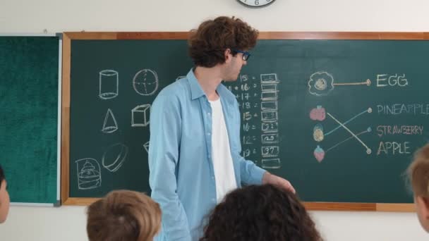 Kaukasisk Smart Lärare Undervisar När Eleven Står Vid Svarta Tavlan — Stockvideo