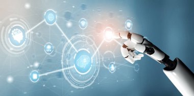 XAI 3D Renching futuristik robot teknolojisi geliştirme, yapay zeka yapay zeka ve makine öğrenme konsepti. İnsan hayatının geleceği için küresel robot biyonik bilim araştırması.