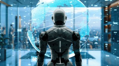 Yapay zeka mühendisliği iş başında. Yapay zeka algoritması pazarlama otomasyonu, teknik analiz, çözüm iletişimi ve hızlı yanıt için. LISP kodlu program ve 3d resimleme öğrenen makine