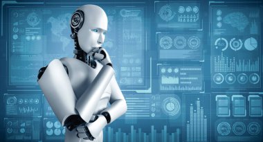 XAI 3D illüstrasyon Yapay Zeka Düşünen İnsansı Robot, hologram ekranını analiz ediyor. Makine öğrenme süreciyle yapay zeka kullanarak büyük veri analitiği kavramını gösteriyor. 3B illüstrasyon.