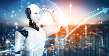 XAI 3D illüstrasyon İş Büyüme Konsepti, yapay zeka robotu ve makine öğrenme teknolojisini kullanarak verileri analiz ederek ve gelecekteki iş yatırımları planlaması hakkında tavsiyelerde bulunarak. 3B resimleme.