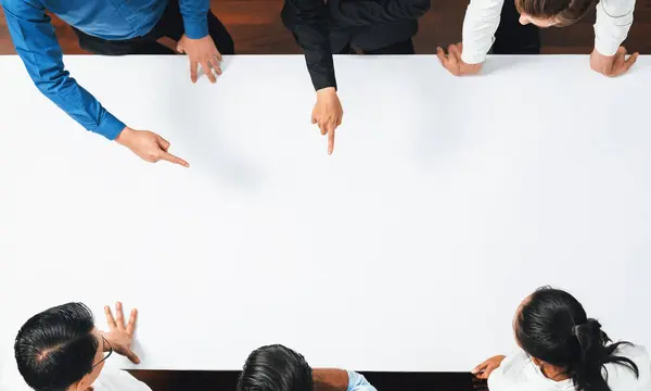 Panorama banner top view of office worker and businesspeople on meeting table pointing to empty space with editable blank background for customer design. Business working and meeting copyspace.Prudent