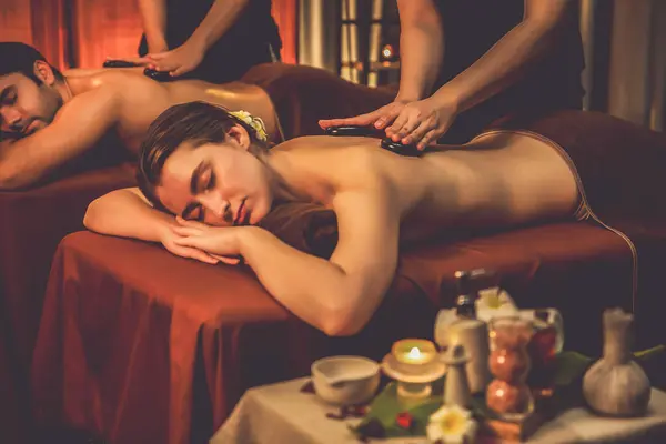 Hot Stone Massage Spa Salon Luxury Resort Warm Candle Light — Stock Photo, Image