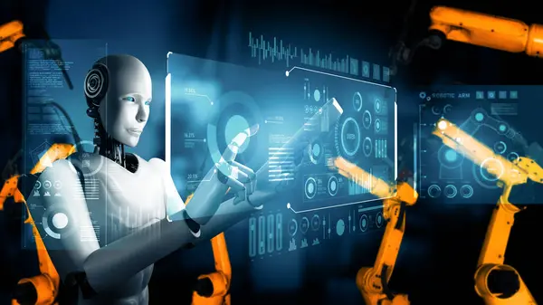 Xaiは工場生産のアセンブリのための企業ロボットおよびロボット腕を機械で造りました 産業革命とオートメーション製造プロセスのための人工知能の概念 — ストック写真