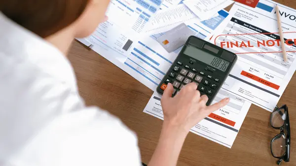 Woman Calculate Debt Pile Bills Online Shopping Internet Marketplace Modern — Stock Photo, Image