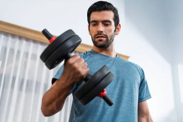 Athletic Body Active Sporty Man Lifting Dumbbell Weight Effective Targeting — Stock Photo, Image