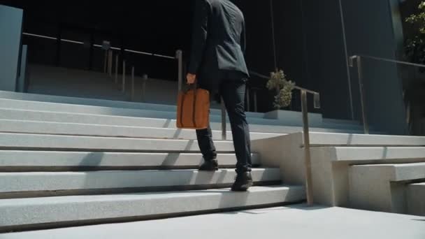 熟练的商人手握提包走上火车站的楼梯 专业项目经理走向工作场所 代表成长 获得晋升 提高技能 膨胀剂 — 图库视频影像