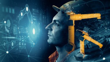 XAI Mekanize Endüstri Robot Kolu ve Fabrika İşçisi Çifte Maruziyet. Sanayi devrimi ve otomatikleştirilmiş üretim süreci için robot teknolojisi kavramı.