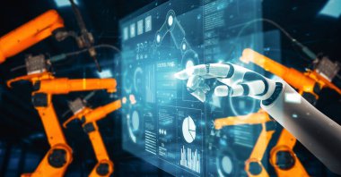 XAI Mekanize Endüstri Robotu ve robot silahları fabrika üretiminde kullanılacak. Sanayi devrimi ve otomasyon üretim süreci için yapay zeka kavramı.