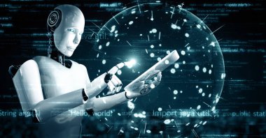 XAI 3d illüstrasyon Futuristik robot yapay zeka insansı yapay zeka programlama kodlama teknolojisi geliştirme ve makine öğrenme kavramı. İnsanlığın geleceği için robot biyonik bilim araştırması