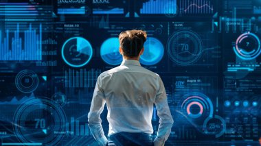 Finansal danışman veya tüccar BI ticari istihbarat veri tablosu ve grafik gösterge paneli ile çalışarak pazarlama stratejisi araştırması için karar veriyor..