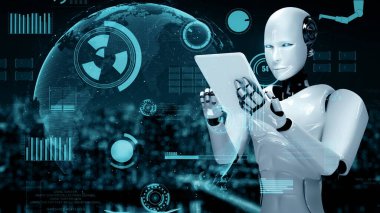 XAI 3d illüstrasyon Futuristik robot yapay zeka insansı yapay zeka endüstriyel fabrika teknolojisi geliştirme ve makine öğrenme konsepti için. İnsanoğlunun geleceği için robotik biyonik bilim araştırması