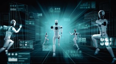 XAI 3D illüstrasyon. Hızlı hareket eden robot insanımsı robot, yapay zeka ve yapay zeka geliştirme kavramının gelecekte geliştirilmesi için gerekli enerjiyi makine öğrenmesiyle gösteriyor.