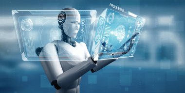 XAI 3d illüstrasyon Robotu 4. endüstriyel devrim için yapay zeka ve makine öğrenme süreci kavramında cep telefonu veya tablet kullanır. Üç Boyut