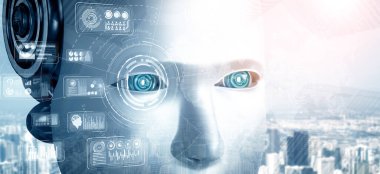 XAI 3D illüstrasyon robotu insansı yüzü, 4. Endüstriyel Sanayi için yapay zeka ve makine öğrenme süreci tarafından yapay zeka ve yapay zeka tarafından büyük veri analizi konsepti ile yakından incelenir.