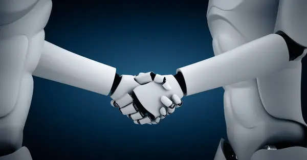 XAI 3d illustration humanoid robot handshake to collaborate future technology development by AI thinking brain, artificial intelligence and machine learning process for 4th industrial revolution.