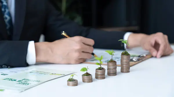 Zakenman Met Munt Stapel Zijn Kantoor Als Duurzame Geld Groei — Stockfoto