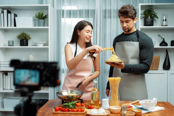 Couple Chef Influencers Cooking Special Homemade Spaghetti Tongs Taking Frying — Stock Photo, Image