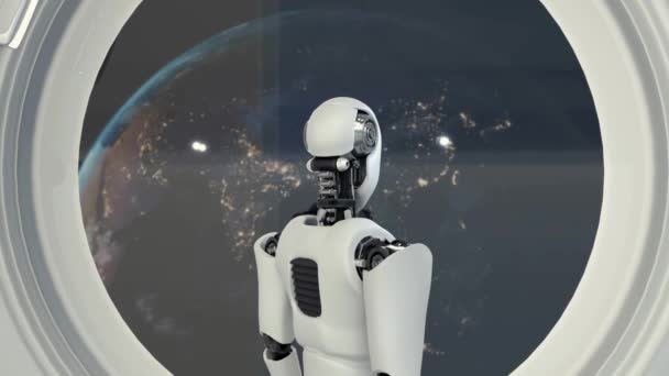 Xai未来主义机器人 太空宇宙飞船内的人工智能Cgi 从航天飞机窗外俯瞰行星地球 机器人人3D渲染动画 — 图库视频影像