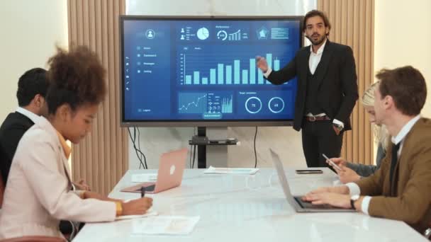 与分析小组一起在办公室或装饰会议室进行演示 利用Bi Fintech分析财务数据 商界人士分析Bi仪表盘显示在电视屏幕上进行战略规划 — 图库视频影像