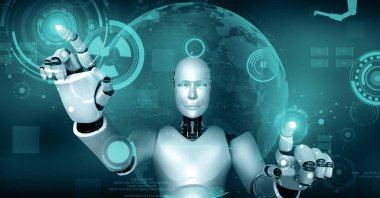 XAI 3d illüstrasyon Futuristik robot yapay zeka insansı yapay zeka endüstriyel fabrika teknolojisi geliştirme ve makine öğrenme konsepti için. İnsanoğlunun geleceği için robotik biyonik bilim araştırması