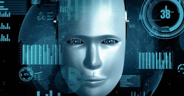 XAI 3D illüstrasyon Gelecek Finansal Teknoloji Kontrolü Yapay Robot Huminoid makine öğrenimi ve yapay zeka kullanarak iş verilerini analiz ediyor ve yatırım ve ticaret hakkında tavsiyelerde bulunuyor