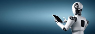 XAI 3D illüstrasyon robot robotu geleceğin ofisinde tablet bilgisayar kullanarak yapay zeka, yapay zeka ve makine öğrenme sürecini kullanarak. 4. Sanayi Devrimi 3 boyutlu