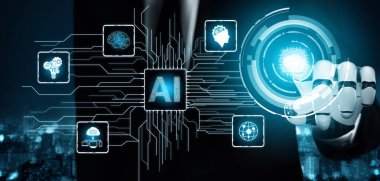 XAI 3D Renching futuristik robot teknolojisi geliştirme, yapay zeka yapay zeka ve makine öğrenme konsepti. İnsan hayatının geleceği için küresel robot biyonik bilim araştırması.