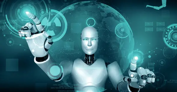 Xai 3Dイラスト 産業工場技術開発 機械学習コンセプトの未来ロボット人工知能ヒューミノイドAi 人類の未来のためのロボットバイオニック研究 — ストック写真