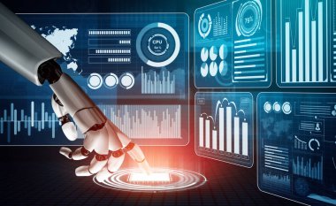 XAI 3D Renching futuristik robot teknolojisi geliştirme, yapay zeka yapay zeka ve makine öğrenme konsepti. İnsan hayatının geleceği için küresel robot biyonik bilim araştırması.