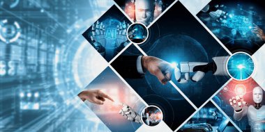 Yapay zeka sanal robot asistanıyla insan etkileşimi. Yapay zeka kavramı yapay zeka mühendisliği, LLM yapay zekanın üretkenliği arttırmak için üretken yapay zeka kullanmayı öğrenmesi. NLP