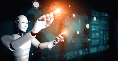 XAI 3d illüstrasyon yapay zeka kullanarak makine öğrenme sürecini kullanarak büyük veri analizi kavramını gösteren sanal sanal sanal ekrana dokunan yapay yapay yapay insansı robot. 3B illüstrasyon.