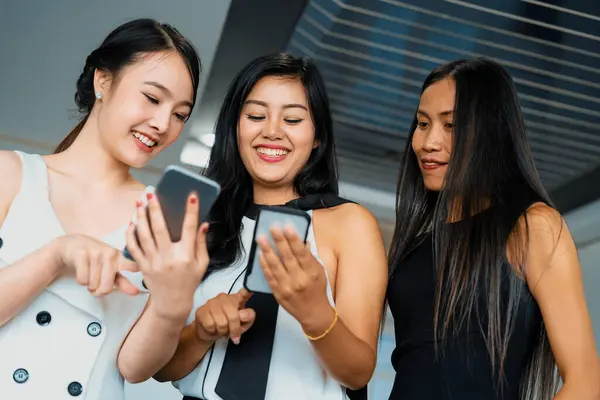 Three Women Friends Having Conversation While Looking Mobile Phone Hands — Stock Photo, Image