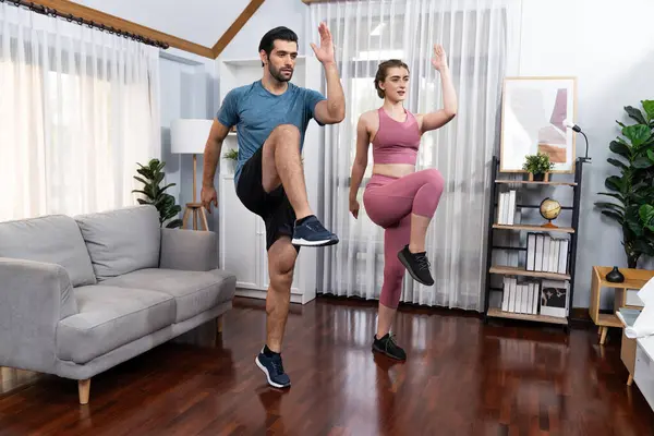 Athletic Sporty Fitness Couple Exercise Buddy Running Posture Home Body — Stock Photo, Image