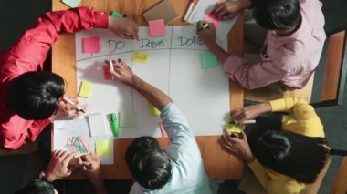 Renkli yapışkan notlarda pazarlama ve planlama stratejisi yazarken insanların yazma ve çalışma tahtası oluşturma konusunda üst düzey bir bakış açısı. Akıllı takım Kanaban tahtasını kullanarak iş performansını yönetir. Cemaat.