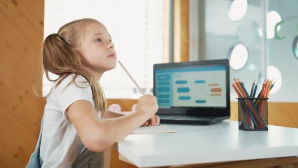 使用笔记本电脑屏幕显示工程编码程序或编程系统 提高学生写作业或做作业时的思维水平 女孩在转身和展示大拇指时思考 Erudition — 图库视频影像