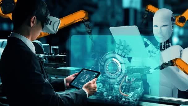 Xai Siber Endüstri Robotu Insan Işçileri Gelecekteki Fabrikada Birlikte Çalışıyorlar — Stok video