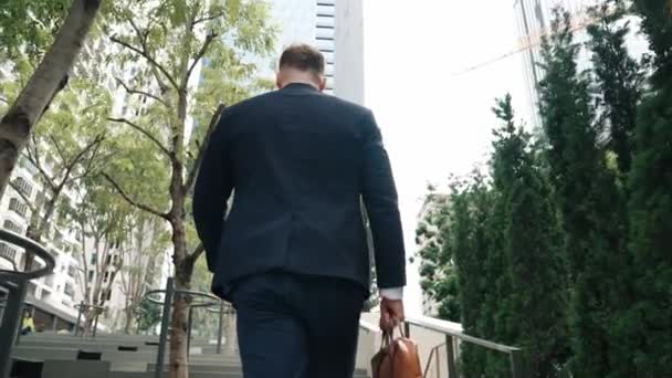 在绿城 身穿正装的白人经理拿着手提箱上楼去的背景图 在生态城市爬楼梯的时候 专业的商人要去工作 城市E — 图库视频影像