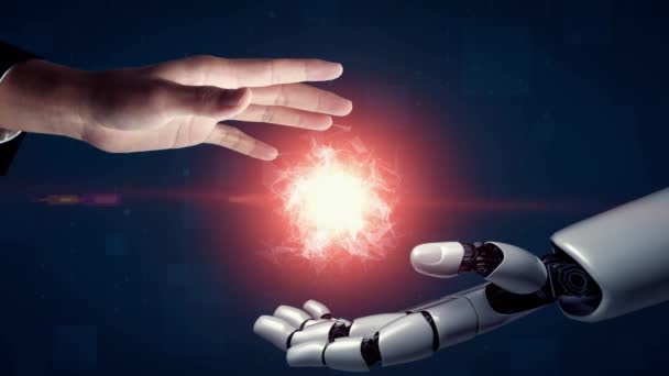 Xai Futuristicロボット人工知能がAi技術開発と機械学習のコンセプトを啓発する 人間の未来のための世界的なロボットブロックチェーン科学研究 3Dレンダリング — ストック動画