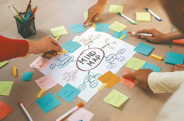 Grupo Startups Profesionales Comparte Idea Marketing Creativo Utilizando Mapa Mental —  Fotos de Stock