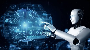 XAI 3d illüstrasyon yapay zeka kullanarak makine öğrenme sürecini kullanarak büyük veri analitiği kavramını gösteren sanal sanal ekrana dokunan yapay yapay robot yapay zeka. 3B görüntüleme.