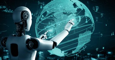 XAI 3d illüstrasyon internet bağlantısı yapay zeka robotu Huminoid tarafından kontrol ediliyor ve makine öğrenme süreci veri bağlantısını ve siber güvenliği analiz ediyor. 3B görüntüleme.