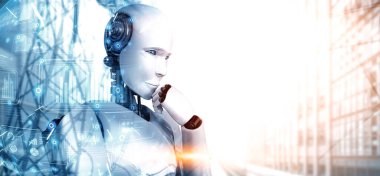 XAI 3D illüstrasyon. Yapay zeka kavramında yapay zeka kavramını inceleyen yapay zeka analizi yapan yapay zeka düşünen yapay robot. Dördüncü endüstriyel devrim için. 3B illüstrasyon.