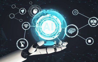 XAI 3D yorumlama fütürist robot teknolojisi geliştirme, yapay zeka yapay zekası ve makine öğrenme konsepti. İnsan hayatının geleceği için küresel robot biyonik bilim araştırması.