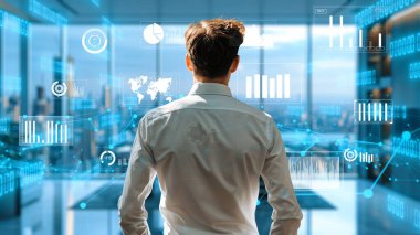 Finansal danışman veya tüccar BI ticari istihbarat veri tablosu ve grafik gösterge paneli ile çalışarak pazarlama stratejisi araştırması için karar veriyor..