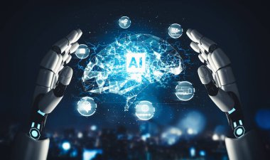 XAI 3D yorumlama fütürist robot teknolojisi geliştirme, yapay zeka yapay zekası ve makine öğrenme konsepti. İnsan hayatının geleceği için küresel robot biyonik bilim araştırması.