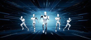 XAI 3D illüstrasyon. Hızlı hareket eden robot insanımsı robot, yapay zeka ve yapay zeka geliştirme kavramının gelecekte geliştirilmesi için gerekli enerjiyi makine öğrenmesiyle gösteriyor.
